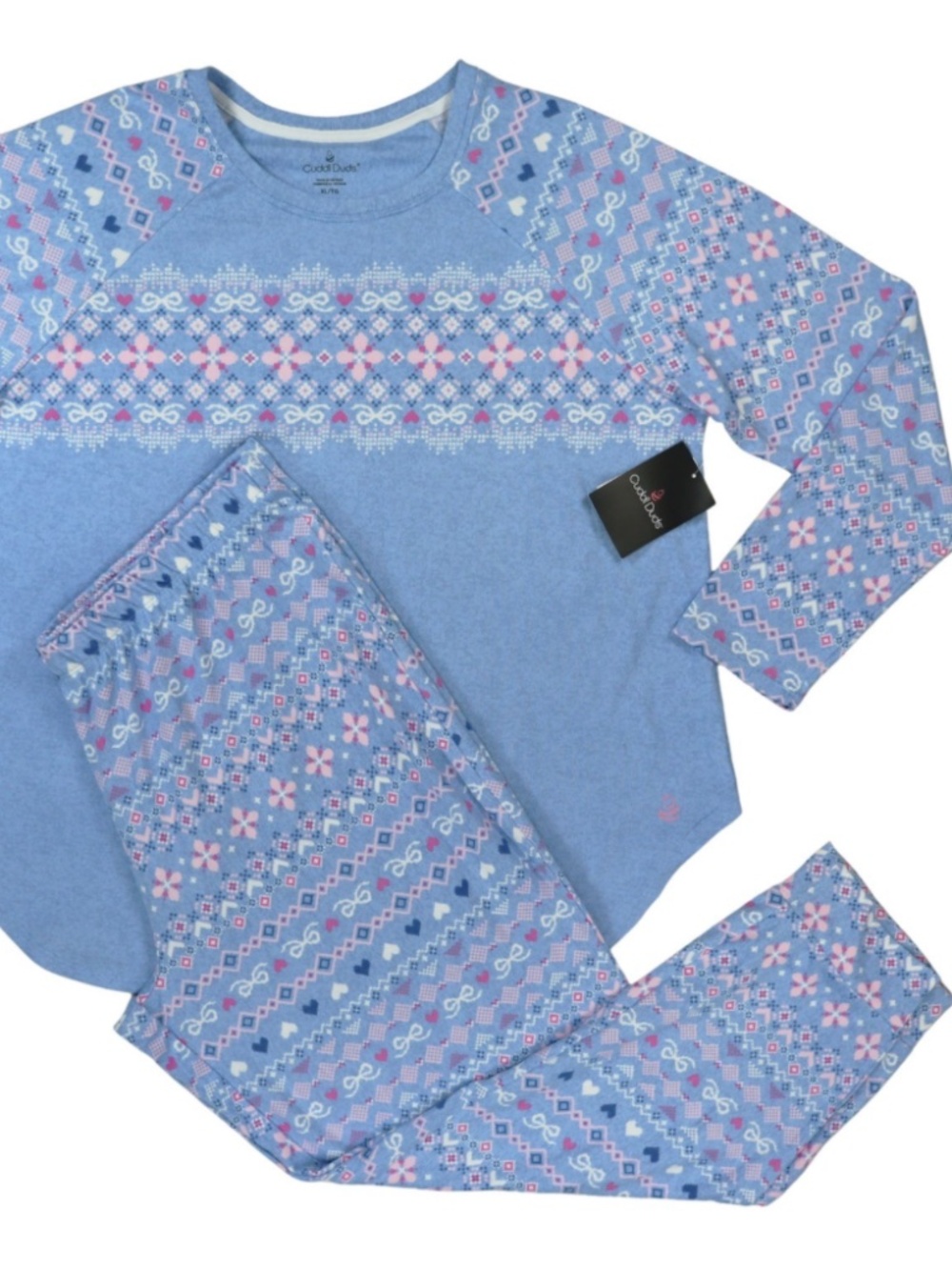 CUDDL DUD'S Brushed Sweater Knit Long Sleeve Top with Jogger 2Pc Pajama Set Blue